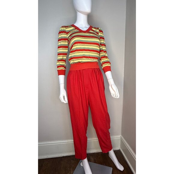 Vintage 1980s Red Pleated Pants, High Rise, Wide Waistband, Tapered Leg, 27"x28" - Picture 7 of 9